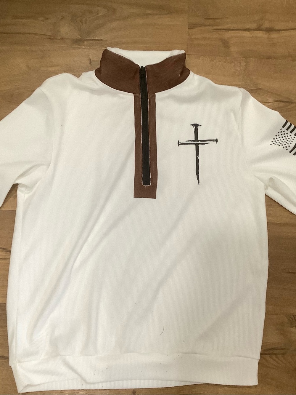 Amazon Men’s White & Brown Quarter-Zip Sweater with Cross Detail